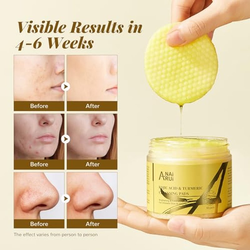 ANAI RUI Turmeric Kojic Acid Exfoliating Cleansing Pads, Deep Cleansing Brightening Pads, Exfoliating Scrub Pad for Face and Body, Acne Treatment, Skin Tone Evening,50 PCS