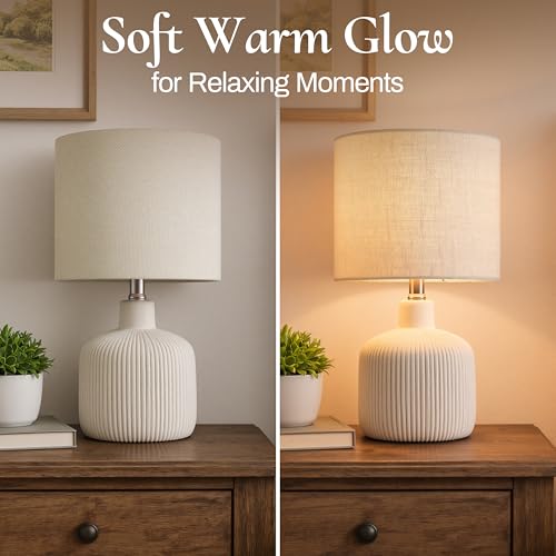 KAWOTI Off-White Ceramic Table Lamp - 17.75" Rustic Farmhouse Decor