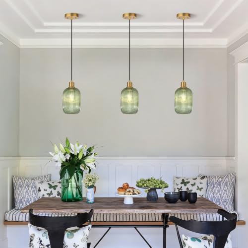 Vintage Green Ribbed Glass Pendant Light with Adjustable Brass Fixture for Kitchen Island