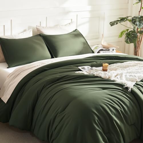Oversized King Comforter Set - Lightweight Boho Bedding with Pillowcases - Dark Olive Green