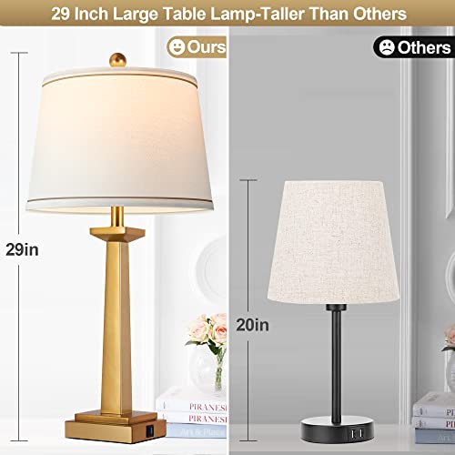 ROTTOGOON 29-Inch Gold Modern Table Lamps Set of 2 with USB Charging, 3-Color Temp Nightstand Lamps