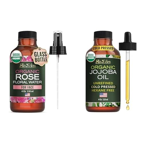 Ella & Eden Organic Rose Water Spray & Organic Jojoba Oil for Face & Skin | USDA Certified, Unrefined, 100% Pure, Hexane-Free, 4oz