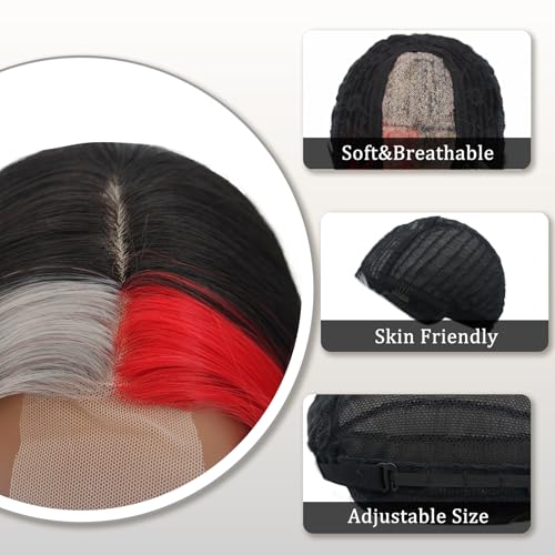 Black Wavy Wigs for Women 26 Inch Long with Red Grey Highlights - Middle Part Style