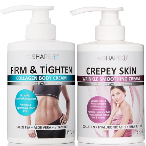Reshape Collagen Body Cream + Crepey Skin Treatment Lotion Set - Firm & Tighten, Hydrate & Reduce Wrinkles, 15 Fl Oz Pack of 2