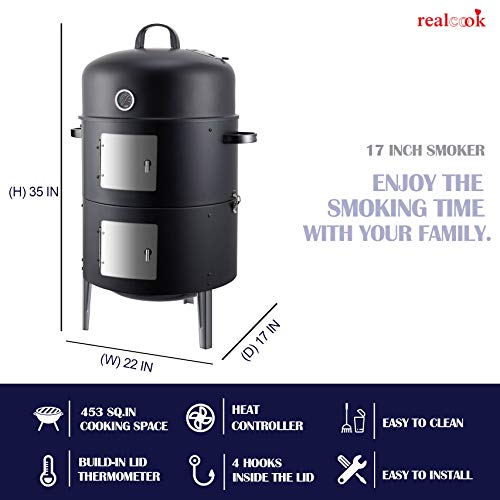 Realcook 17 Inch Steel Charcoal Smoker - Classic Vertical BBQ Grill