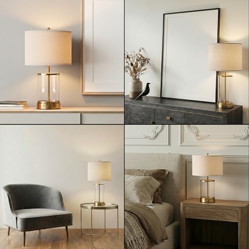 Cordless Glass Bedside Table Lamp with Rechargeable 10,000mAh Battery - Antique Brass, 24-Inch