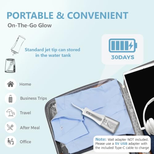 GOLDANT White 350ML Water Flosser with Stand, 5 Modes, Rechargeable & Waterproof