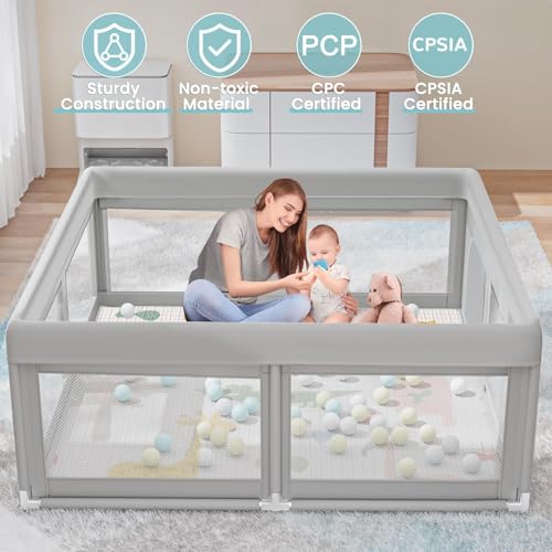 Baby Playpen with Mat and Ocean Balls - Light Grey + 50x50 Inch Play Area