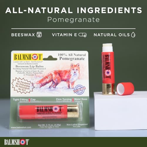 BALMSHOT Pomegranate Lip Balm SPF 15 ? Natural Beeswax Chapstick, Moisturizing Lip Protector for Very Dry Lips, 20-Gauge Brass Shotgun Shell Case, Outdoor Heat Tolerant, Made in USA