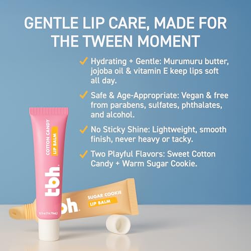 TBH Kids Lip Butter Balm for Kids | Vegan Tinted Lip Balm & Lip Gloss for Girls | Safe, Hydrating, Natural Tween Lip Care - Cotton Candy & Sugar Cookie Flavors
