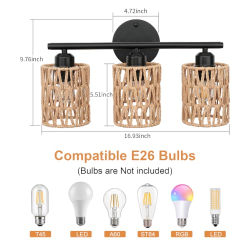 Bathroom Vanity Light Fixtures with Woven Rattan Shades - Matte Black Wall Sconces for Mirror, Bedroom, Living Room, Farmhouse Decor