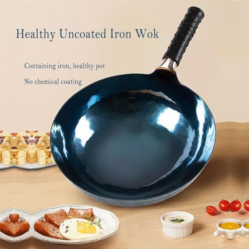 14-Inch Carbon Steel Wok Round Bottom with Wooden Lid & Rubber Handle - Gas Stove Ready, Traditional Chinese Cooking, 14in / Rubber Handle