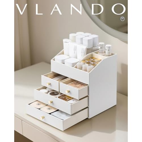 VLANDO Makeup Organizer Countertop,Large Vanity Organizer PU Leather Make up Storage with 4 Drawers Skin care Organizer Cosmetic Display Case for Lipstick,Brushes,Bedroom-White