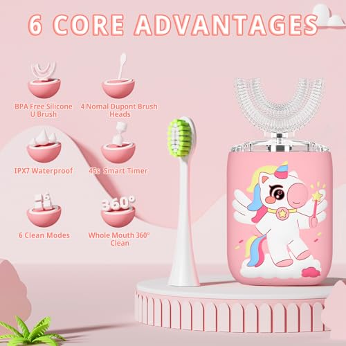ELOTAME Kids Pink U-Shaped Sonic Electric Toothbrush for Ages 2-7 with Toothpaste