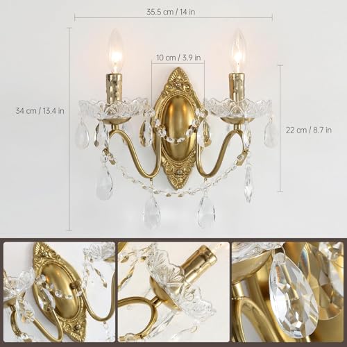 14-Inch Vintage Crystal Wall Sconces Set of Two - Bright Gold Finish with Bulbs