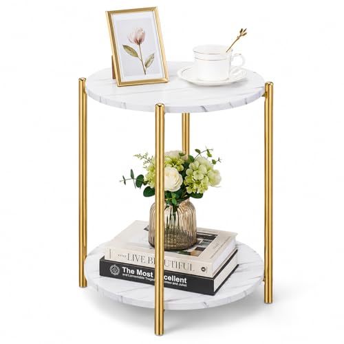 Gold Round End Table with Faux Marble Top - 2-Tier Modern Side Table