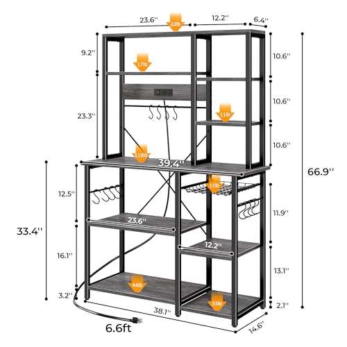 SUPERJARE Charcoal Gray Large Bakers Rack with Power Outlets, 39.4 Inch Microwave Stand