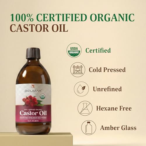 Organic Castor Oil - Cold Pressed, Unrefined, USDA Certified, Hexane-Free for Hair & Skin Care