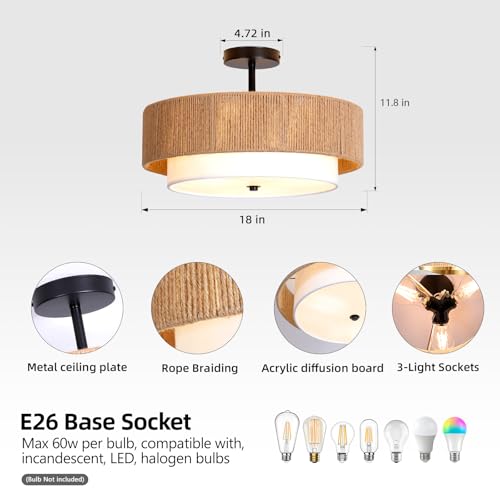 18-Inch Boho Rattan Semi-Flush Mount Ceiling Light for Bedroom