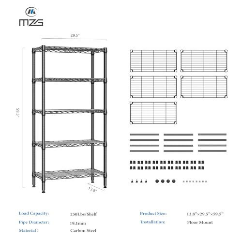 5-Tier Metal Storage Shelf Black - Heavy Duty Wire Rack Closet Organizer