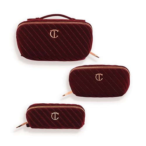 Mini Travel Makeup Bag of My Dreams - Quilted Velvet Organizer with 5 Compartments - Night Crimson