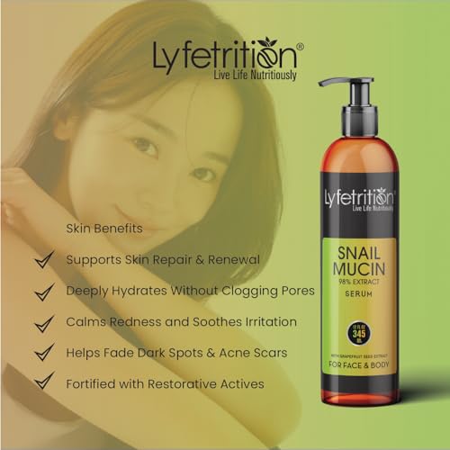 Lyfetrition Snail Mucin 98% Power Repairing Serum with Hyaluronic Acid & Aloe Vera, Skin Repair Serum, Moisturizing Serum Essence for Soothing, Reducing Fine Lines Deep Nourishing (12 Fl Oz)