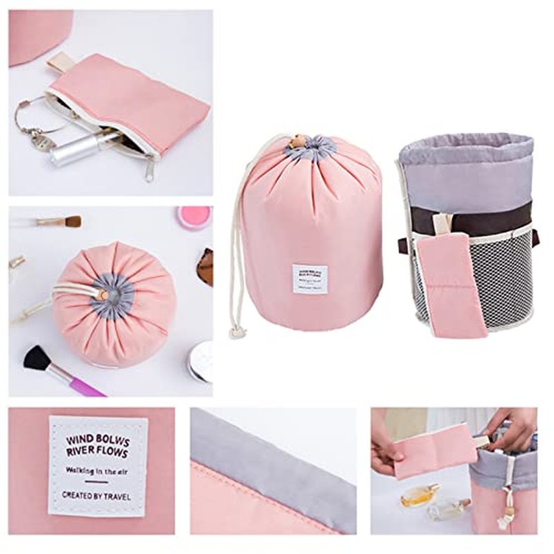 INVODA Cosmetic Bags Drawstring Barrel Makeup Bag,Women&Girls Portable Foldable Cases Multifunctional Toiletry Bucket Bags Travel Makeup Organizer Storage Pocket Soft Collapsible (4PCS+Coin Bag