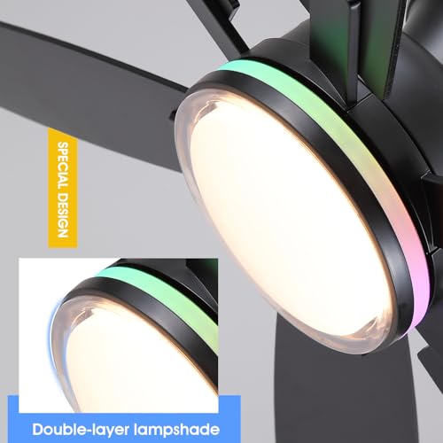 52-Inch Ceiling Fan with RGB Light & Remote - Black 6 Blades, APP Control