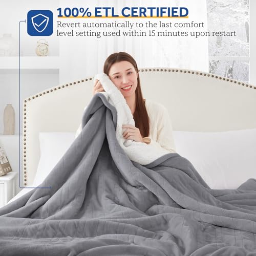 Twin Size Heated Blanket with Digital Controller - Flannel & Sherpa, Auto Off, Light Grey