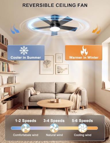 32-Inch Low Profile Ceiling Fan with Lights - Black, Remote & App Control