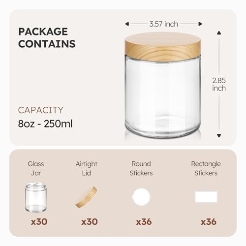 8 oz Glass Jars with Lids, 30 Pack Clear Small Glass Jars with Woodgrain Lids Leakproof Round Airtight Empty Cosmetic Travel Containers for Lotions Powders and Candle Making