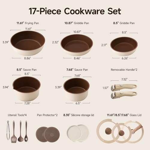 17-Piece RV Cookware Set with Detachable Handle, Nonstick Ceramic Pots & Pans