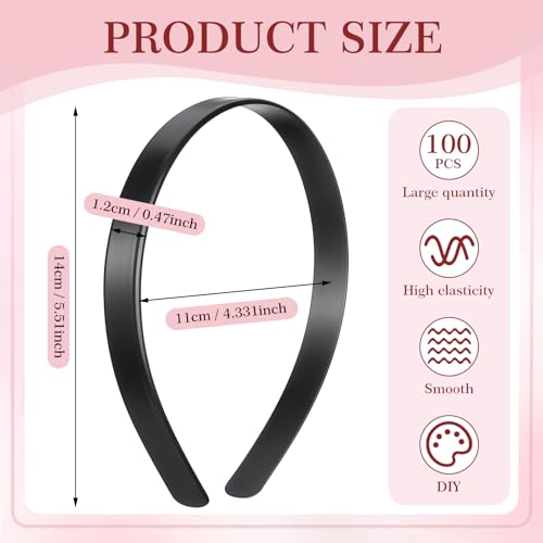 Black Plastic Headbands Bulk - 1/2 Inch Wide, 100 Pack, DIY Friendly