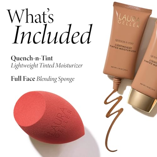 LAURA GELLER Quench-n-Tint Hydrating Lightweight Tinted Moisturizer, Light + Latex-Free Full Face Makeup Blending Sponge - Sheer Foundation for Daily Use
