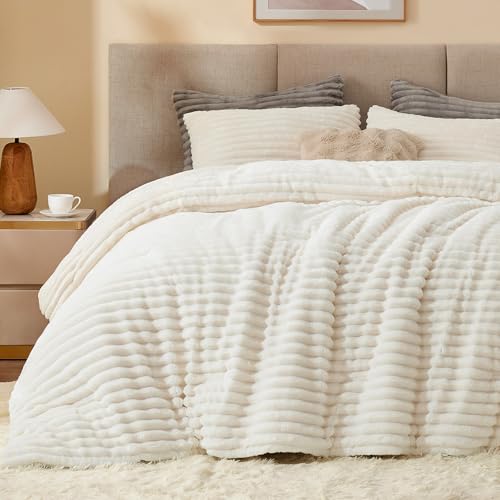 BEDELITE California King Fleece Comforter Set - Cream White, Fluffy Micro-Mink & Plush Bed Bedding