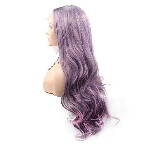 Ombre Purple Lace Front Wigs for Women 24 Inch Wavy Synthetic Hair with Brown Roots