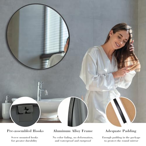 OLIXIS Black Round Bathroom Mirror, 30 Inch Metal Frame Circle Vanity Mirror Wall Mounted for Bathroom,Bedroom, Living Room, Entryway