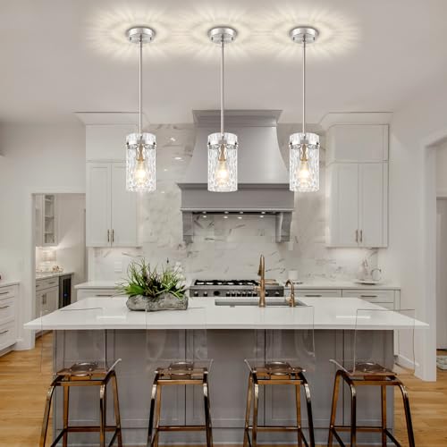2 Pack Modern Brushed Nickel Pendant Lights with Handblown Hammered Glass