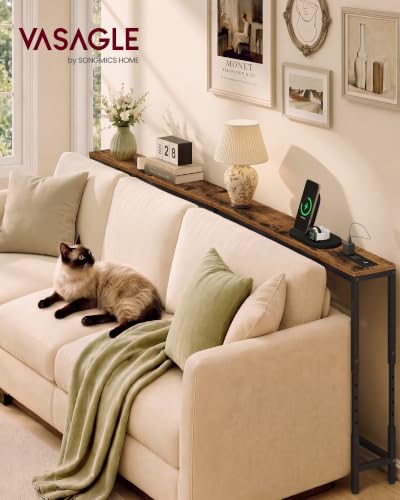 VASAGLE Rustic Brown & Matte Black 78.7-Inch Adjustable Console Table with Power Outlet, 5.9