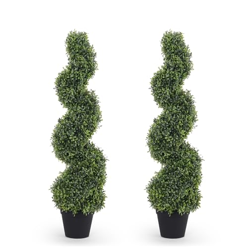Artificial Boxwood Spiral Topiary Trees 3ft Outdoor Set of 2 - Weather-Resistant Garden Decor