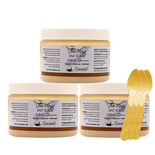 Sea Salt Body Scrub with Wooden Spoon - Coconut Scent - 12 Ounce Pack of 3