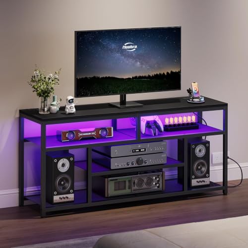 HOOBRO 65-Inch TV Stand with Charging Station – 4-Tier Open Media Console, Black