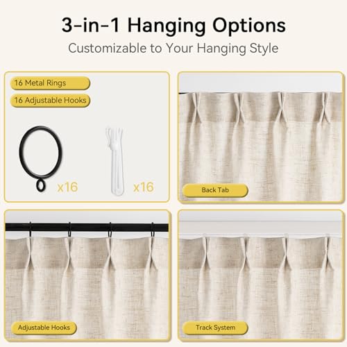 Natural Linen Pinch Pleated Curtains 90 Inch Long Set of 2 Light Filtering