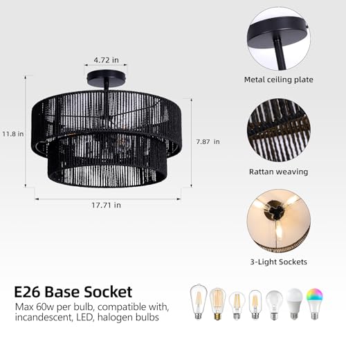 Black Hemp Rope Semi Flush Mount Ceiling Light Fixture 18-Inch Boho Rattan Lamp