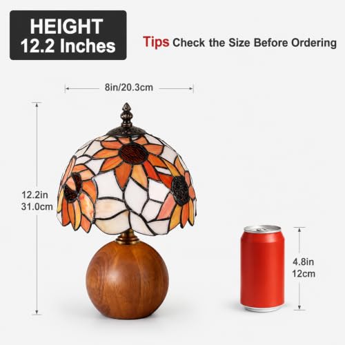 12.2" Retro Sunflower Tiffany Table Lamp with Orange Glass & Wooden Base