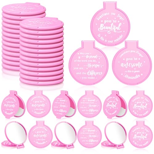 Wenqik 64 Pcs Pink Inspirational Mini Compact Mirrors for Purse Women Small Gifts Bulk, Round Makeup Folding Hand Mirrors, Client Guest Gifts Ideas, Women's Day Party Favors for Bridal Wedding