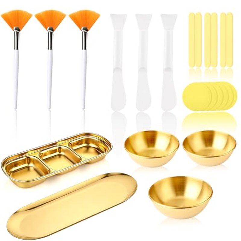 23Pcs Esthetician Supplies kit - Fan Esthetician Brushes, Gold Mask Mixing Bowls, Serving Trays, Compressed Sponges & Face Mask Brushes forSleepover & Spa Night Celebrations (Gold)