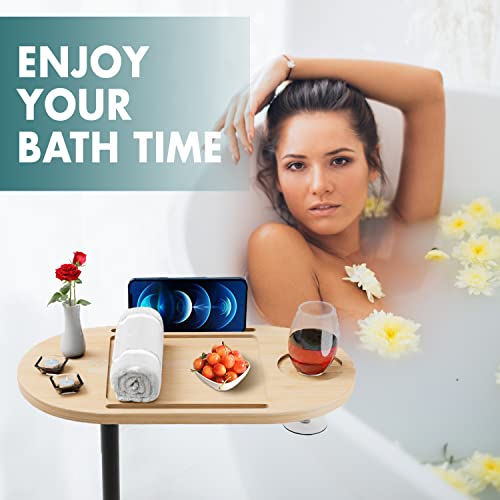 Adjustable Bamboo Bathtub Tray Table with Sturdy Iron Base & 360° Rotation