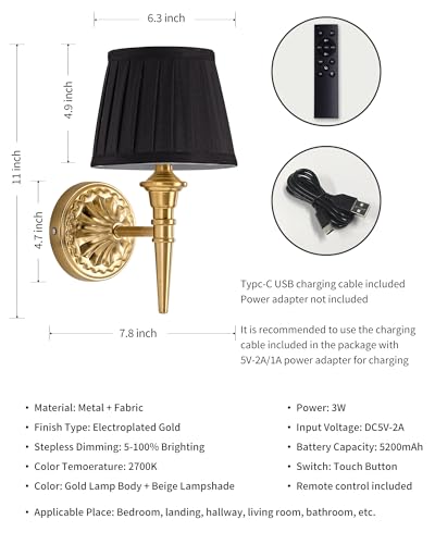 Set of 2 Gold and Black Wall Sconces, Cordless Dimmable Fabric Lampshades