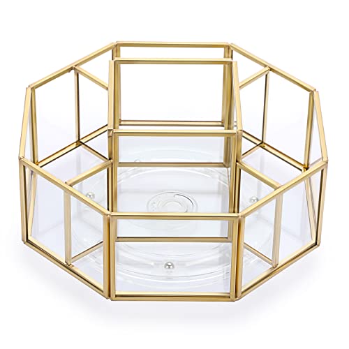 Hipiwe Octagon 360° Rotating Glass Makeup Organizer with 5 Slots - Gold Frame